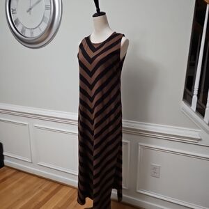 LAND'S END Sz M Maxi Black And  Brown Slip Dress Stripes Sleeveless  100% Cotton